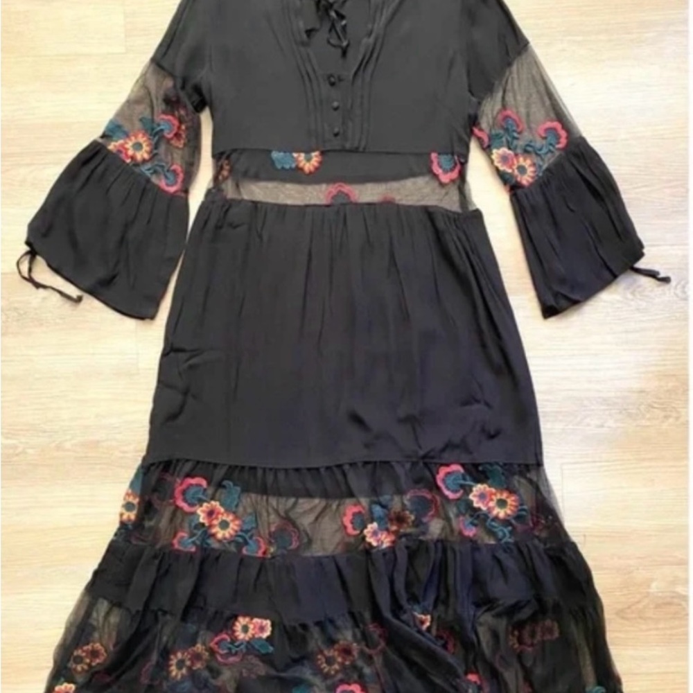 LOWEST PRICE NWOT For Love Lemons Small Black Embroidered Floral Boho Midi Dress - Picture 2 of 14